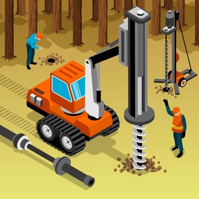 Geotechnical exploration drilling machinery isometric composition with engineers workers performing forest soil sampling groundwater test vector illustration