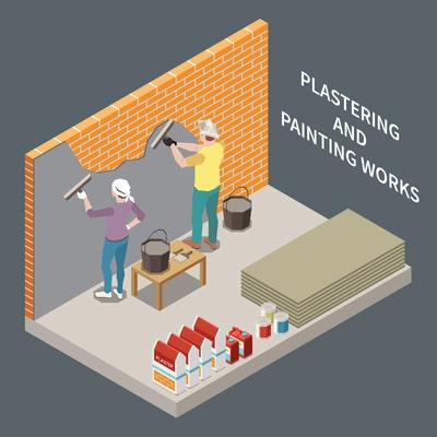 Isometric room renovation concept with two people plastering and painting brick walls isometric vector illustration