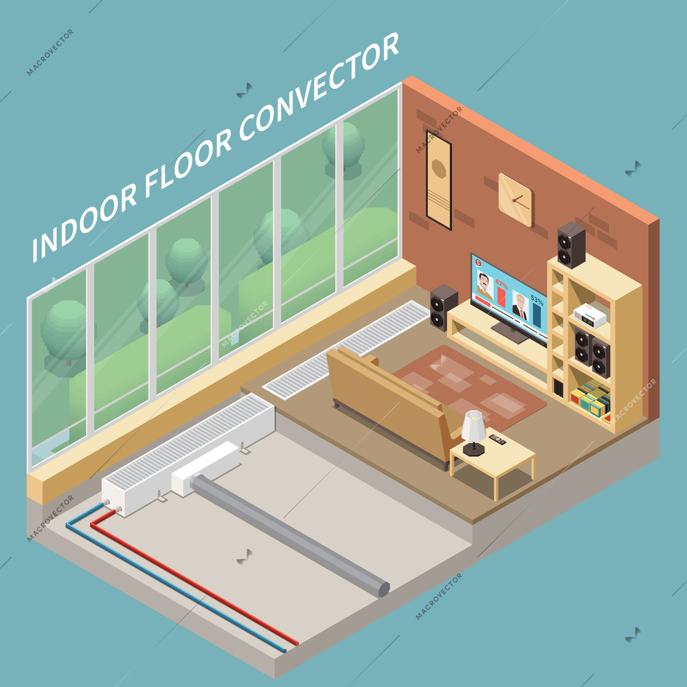 Cosy living room interior with floor heating system installed indoor convectors 3d isometric vector illustration