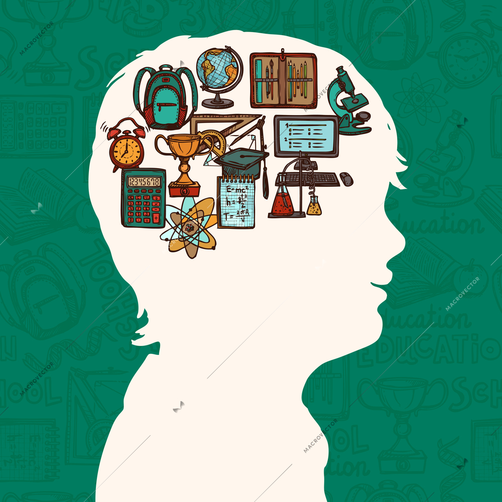 Boy head silhouette with education icons studying knowledge symbol vector illustration