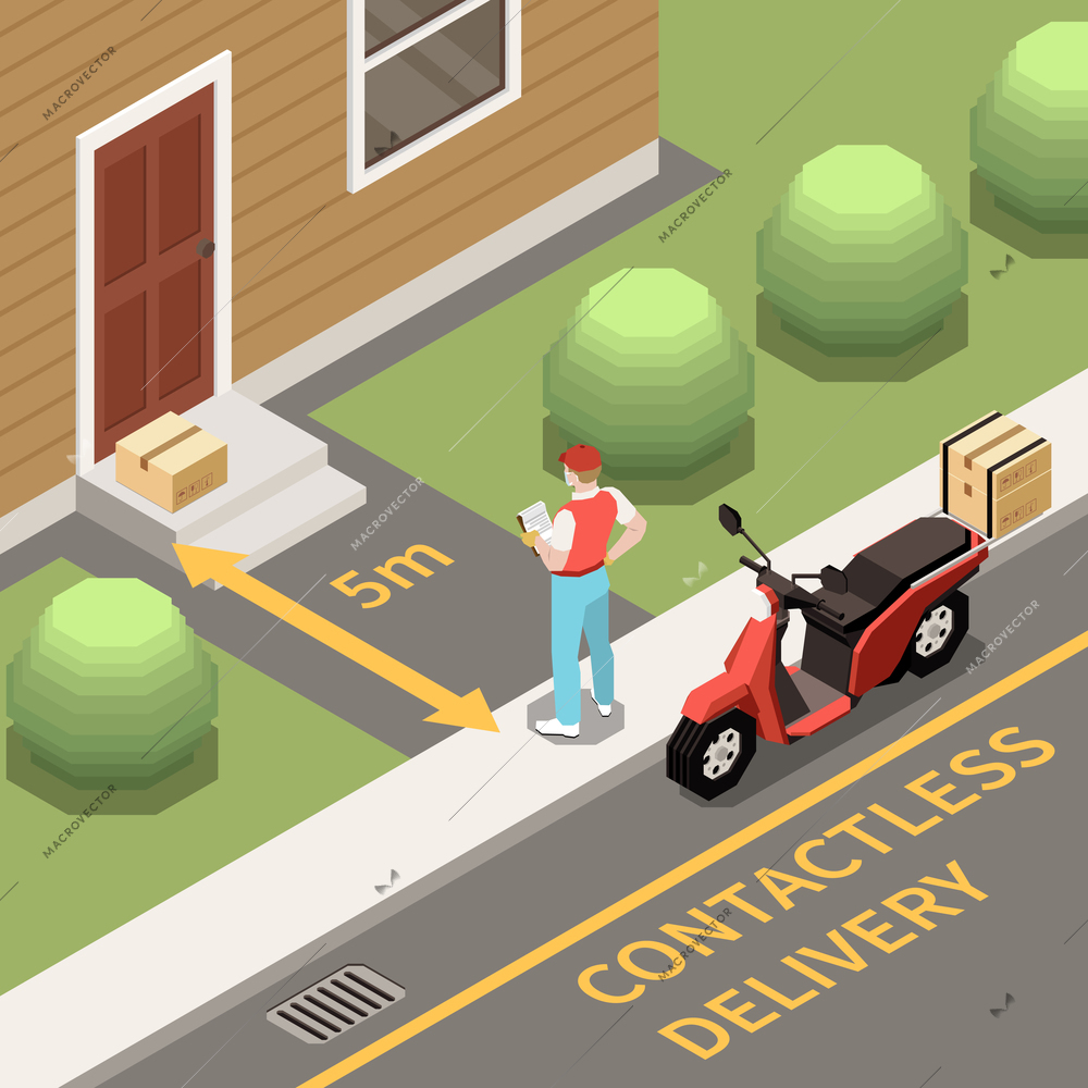 Contactless delivery of orders isometric background with courier standing at 5 metres distance from door 3d vector illustration