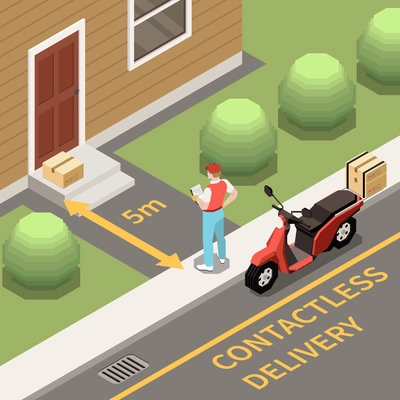 Contactless delivery of orders isometric background with courier standing at 5 metres distance from door 3d vector illustration