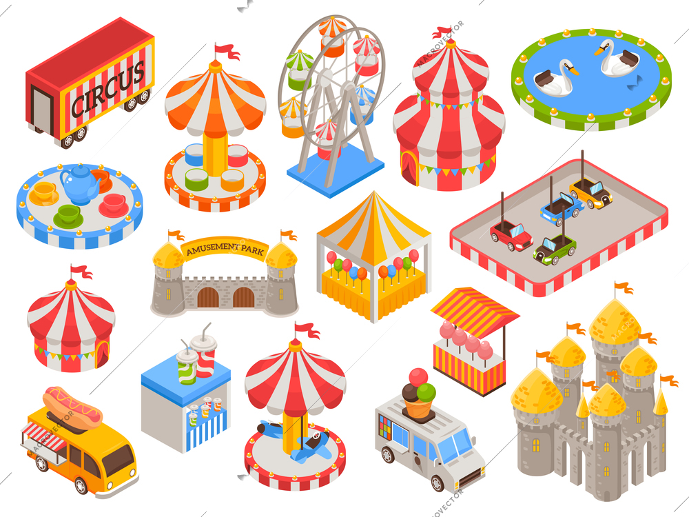 Isometric set of colorful icons with circus tent castle carousel food truck cars ferris wheel in amusement park isolated vector illustration