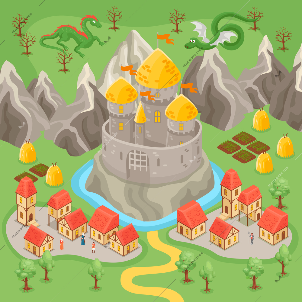 Fantasy medieval city landscape and dragons flying above castle and rocks isometric vector illustration