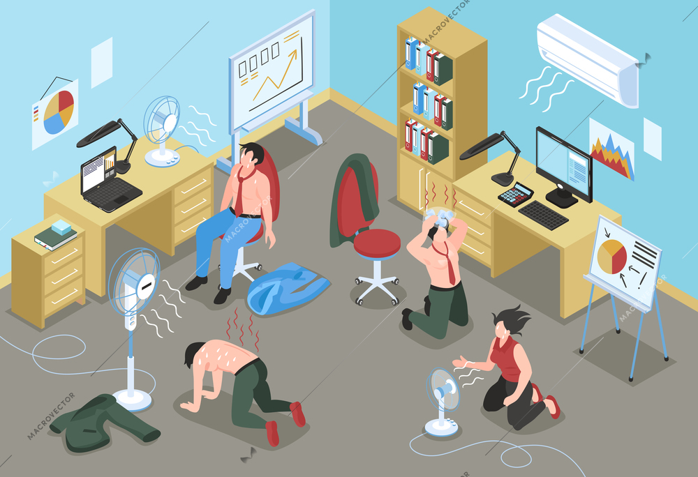 People suffering from hot weather in office with air conditioner and fan isometric vector illustration