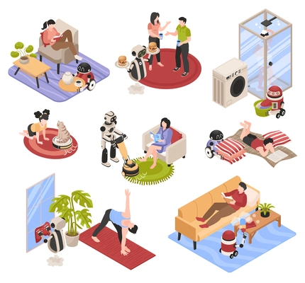 Robot housework isometric icons set with automatic robotic assistants doing various household chores isolated vector illustration