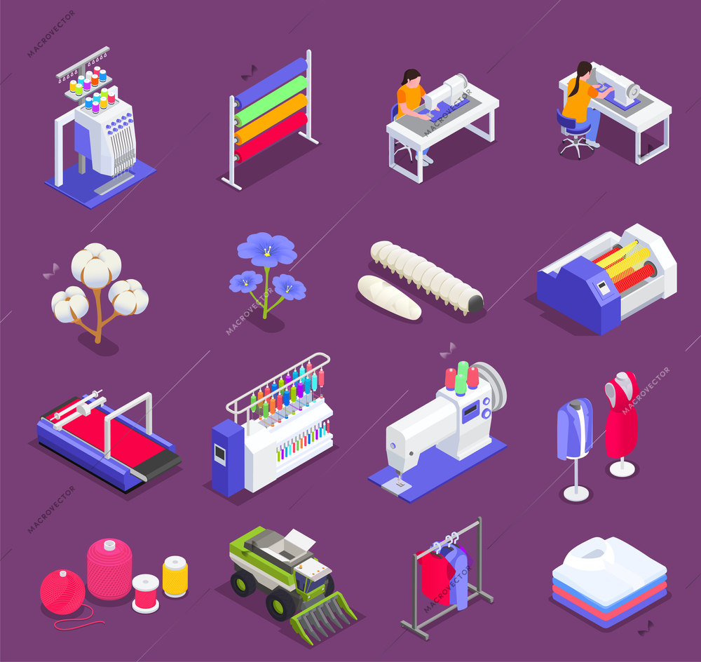 Textile mill and spinning industry isometric icons set isolated vector illustration