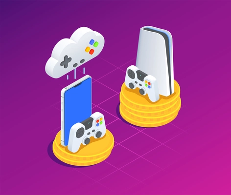 Cloud gaming isometric composition with console and joystick symbols vector illustration