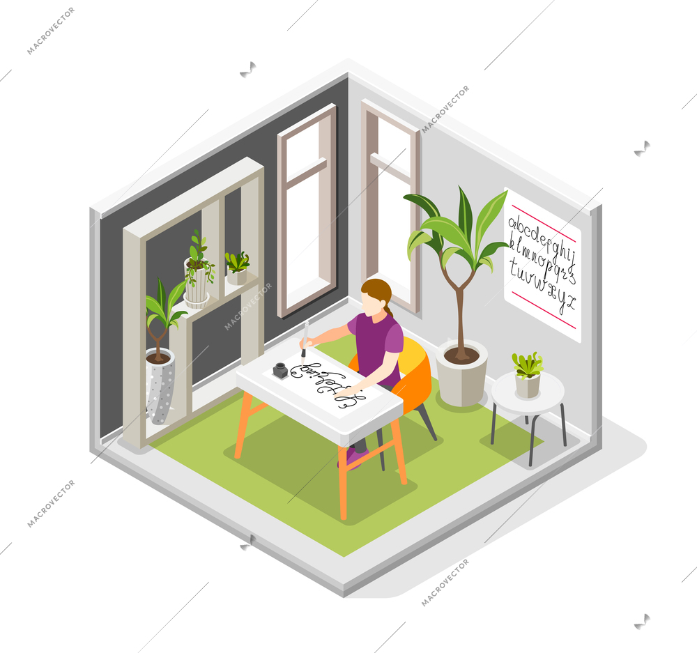 Hobby calligraphy isometric composition with indoor scenery home plants and girl sitting at table drawing letters vector illustration