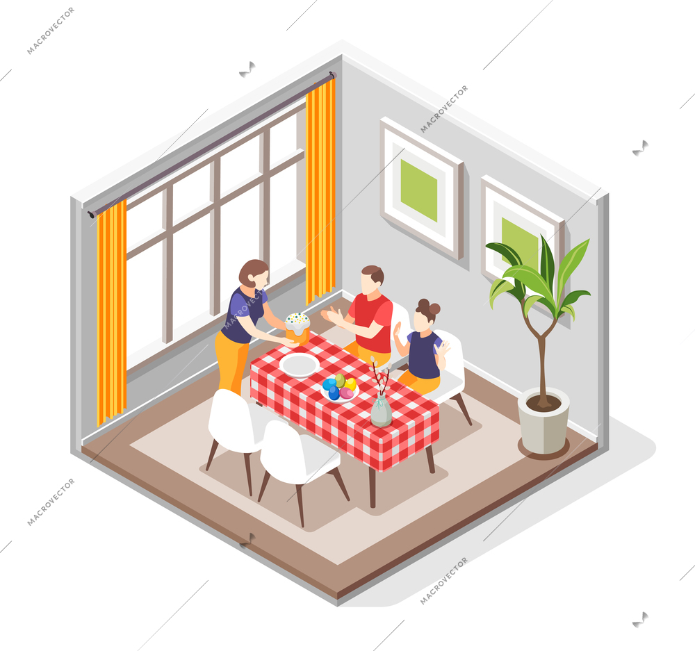 Easter isometric composition with view of dining room with family members sitting at table with cake vector illustration