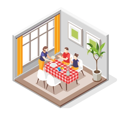 Easter isometric composition with view of dining room with family members sitting at table with cake vector illustration