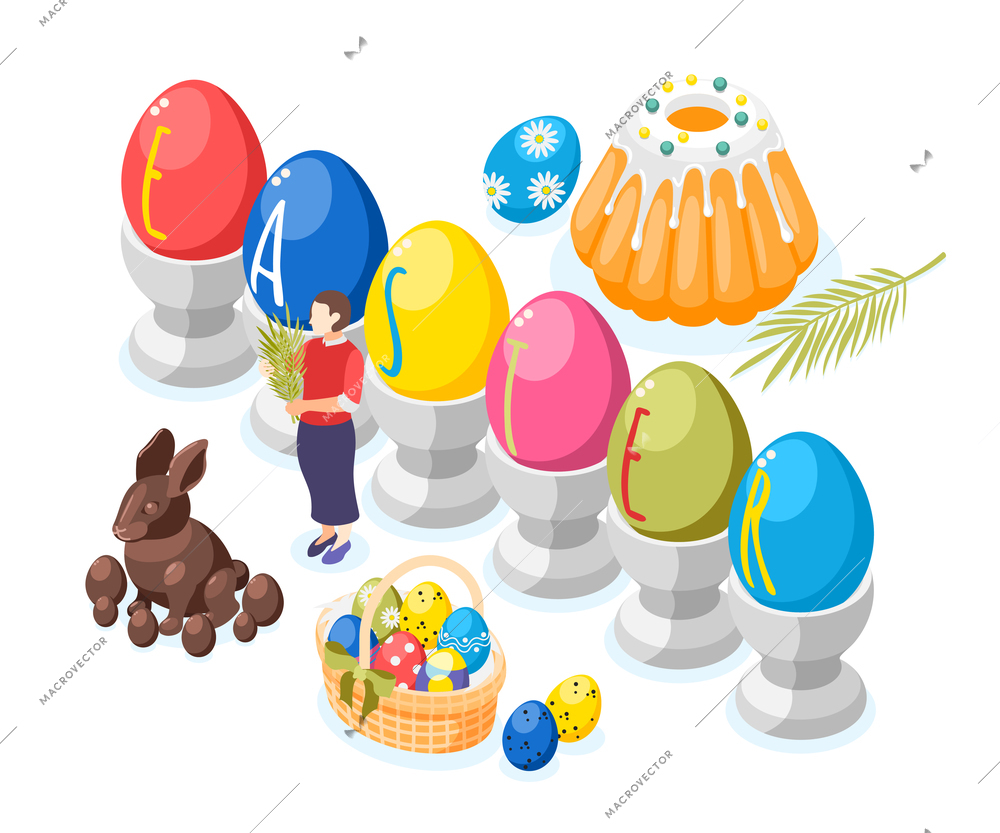 Easter isometric background with images of painted eggs on stands with cakes sweets and chocolate bunny vector illustration