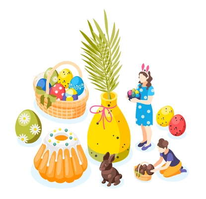 Easter isometric background composition with images of sweet cakes basket with painted eggs and kids characters vector illustration