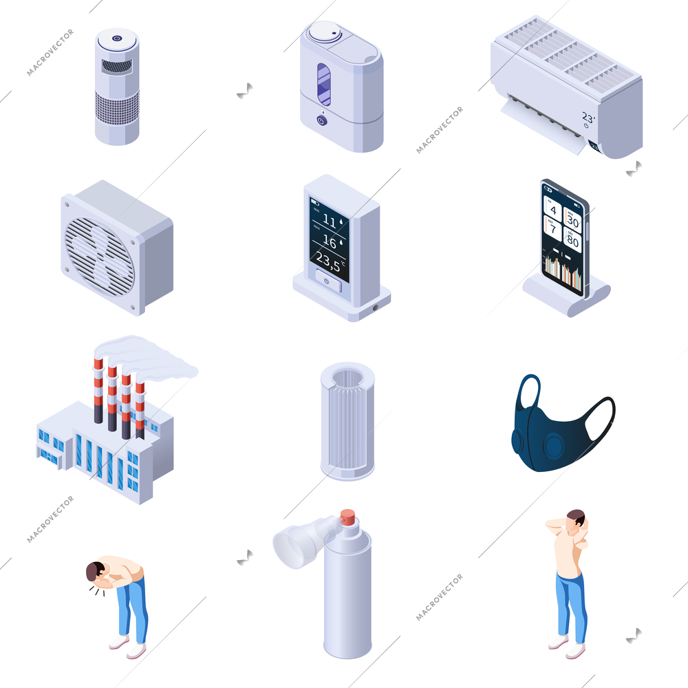 Air purification quality control isometric set of isolated icons with human characters and cleaner appliance images vector illustration