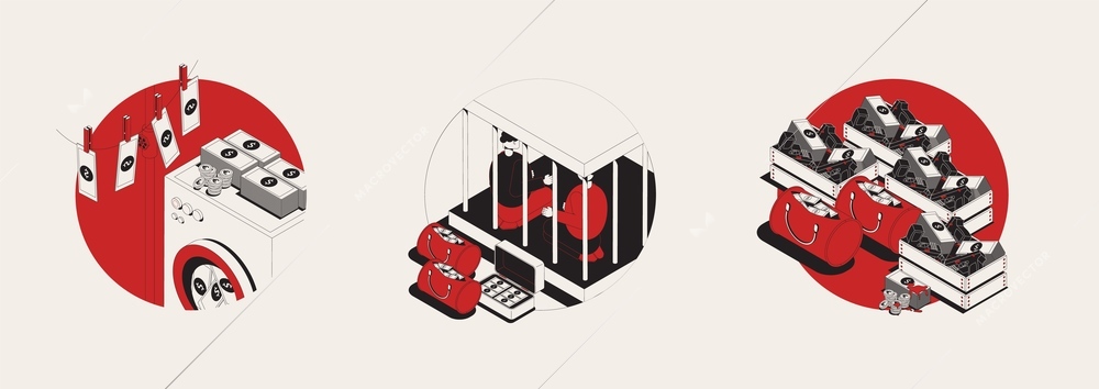 Dirty money isometric composition with money laundering concept vector illustration