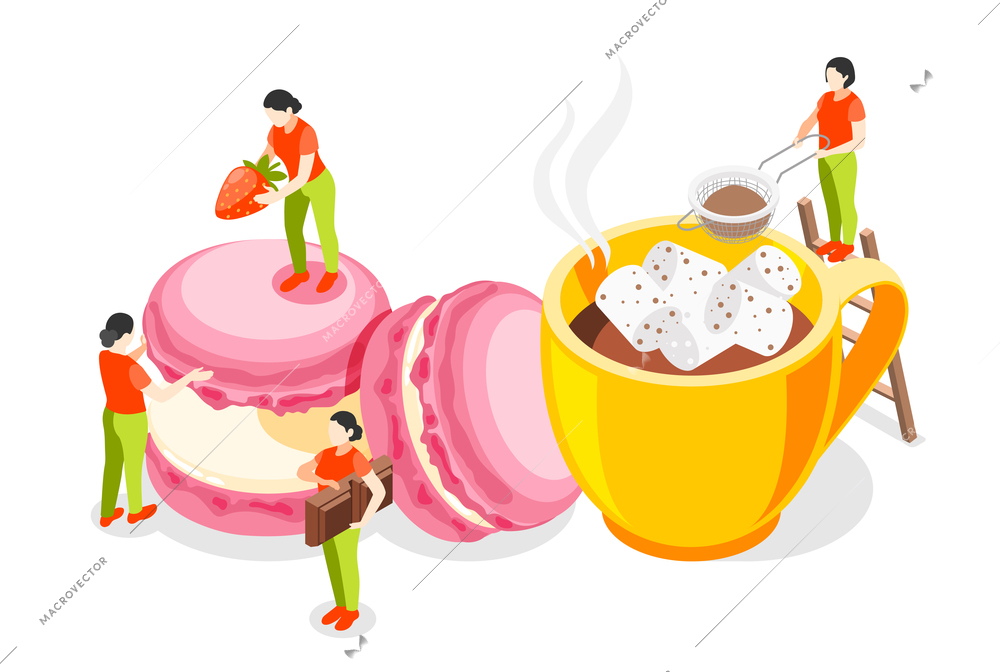 Bakery isometric background with big cookies icons and little people characters vector illustration