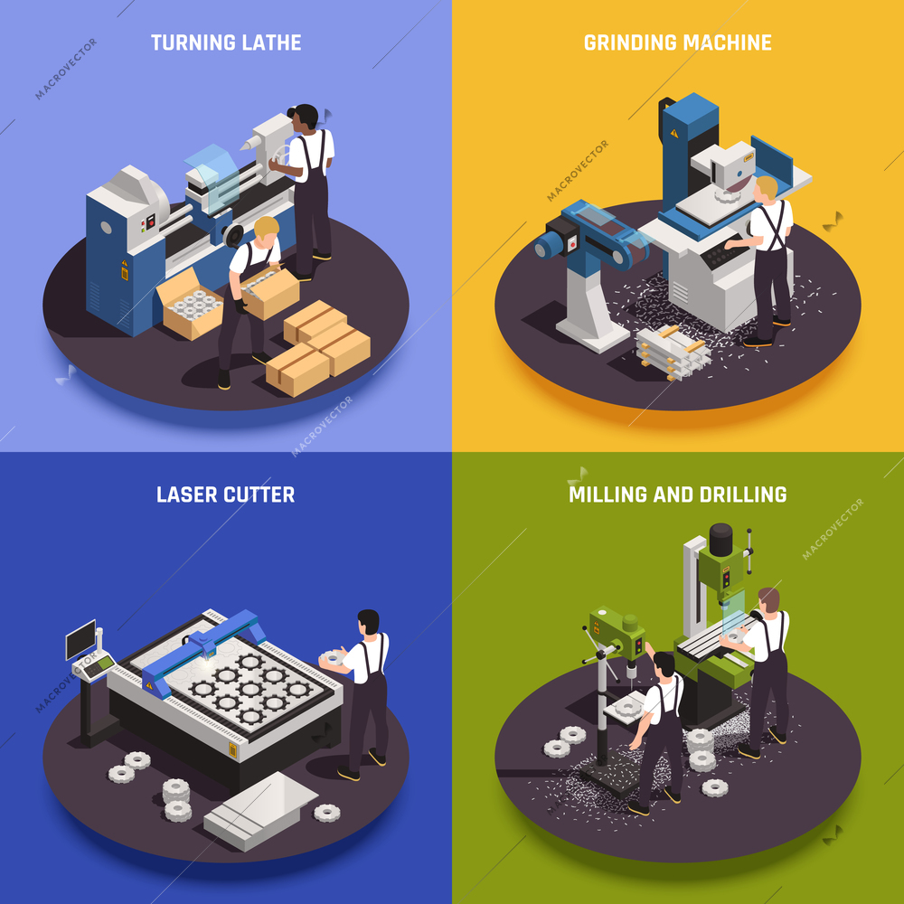 Metalworking operations 4 isometric compositions  with turning lathe laborer laser cutter milling drilling grinding machines vector illustration