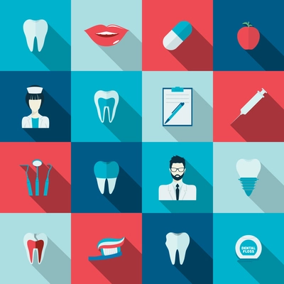 Teeth dental health flat icons set with nurse pulp dentist caries isolated vector illustration