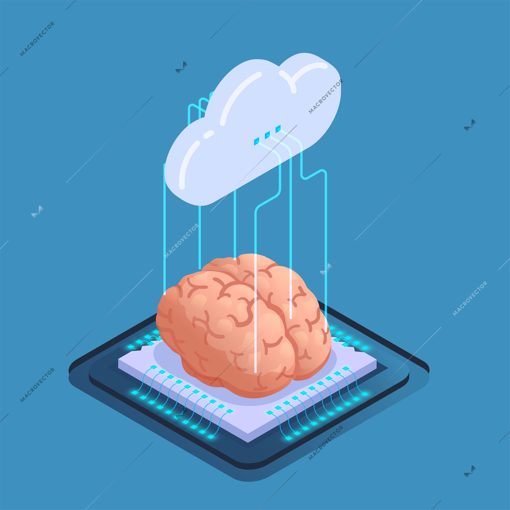 Artificial intelligence isometric composition with concept cloud icon wires and human brain on silicon chip platform vector illustration