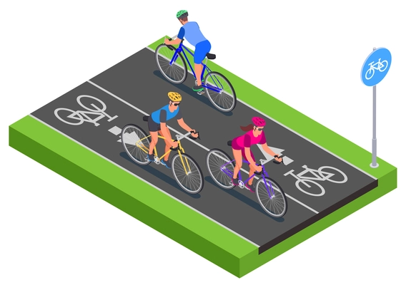 Isometric people in helmets cycling along bicycle lane 3d vector illustration
