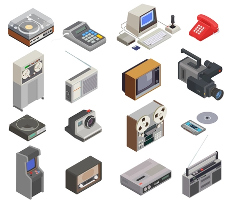 Retro devices isometric set of isolated icons with old tape players telephones tv and cassette images vector illustration