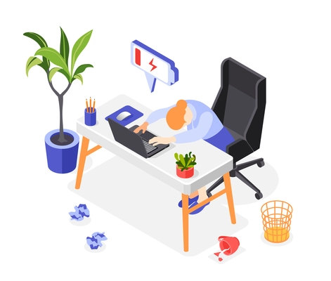 Burn-out syndrome isometric icons background composition of workplace with tired woman and low battery sign vector illustration
