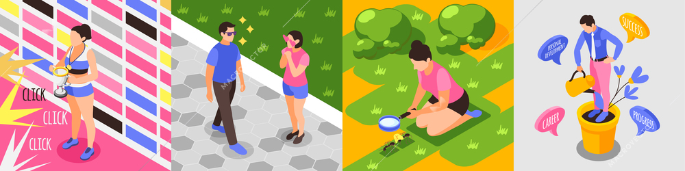 Human needs set of isometric icons with isolated human characters of people in various life situations vector illustration