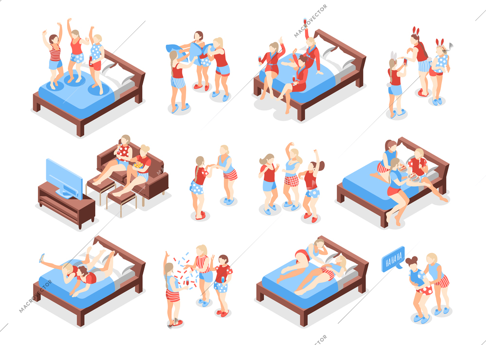 Pajama party isometric recolor set of isolated icons with human characters in nightwear on blank background vector illustration