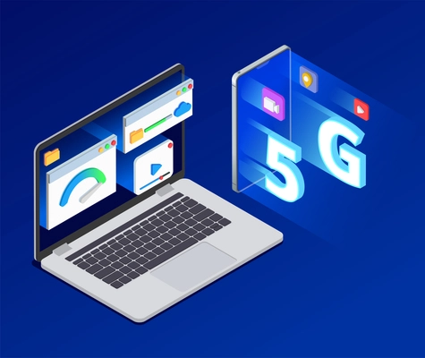 5g high speed internet isometric composition with images of laptop smartphone and wireless speed connection icons vector illustration