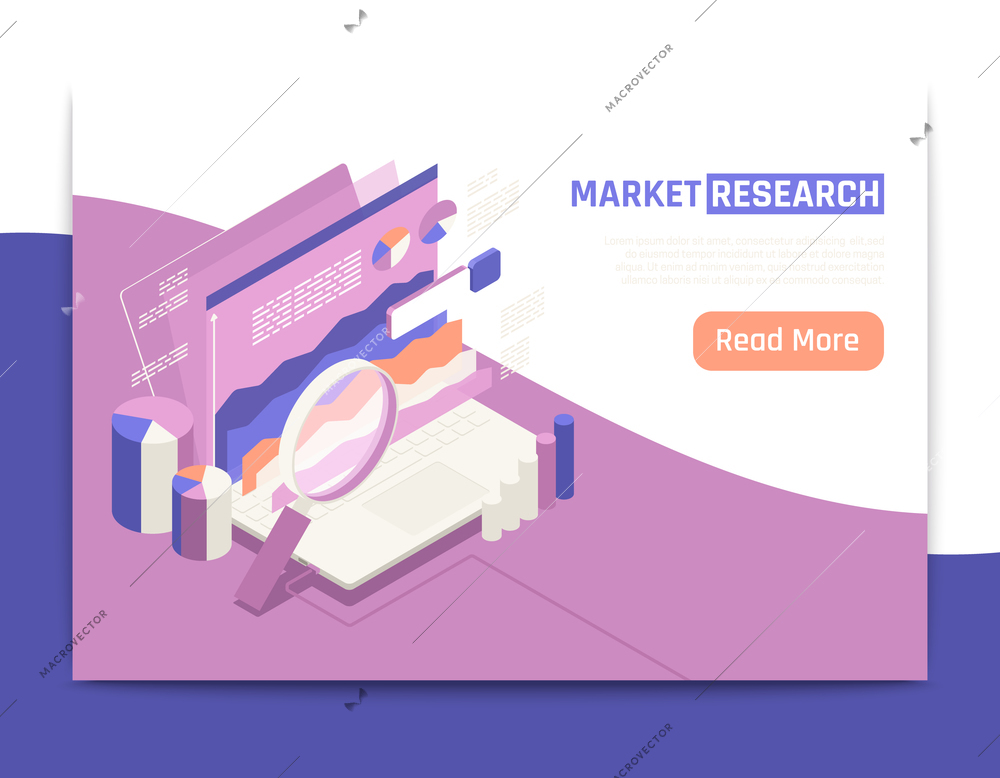 Market research isometric landing page with magnifying glass and monitor with infographics elements vector illustration