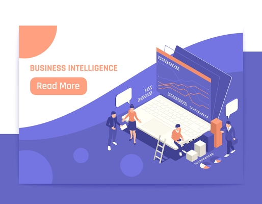 Business intelligence isometric banner with team of colleagues solving together tasks of business development vector illustration