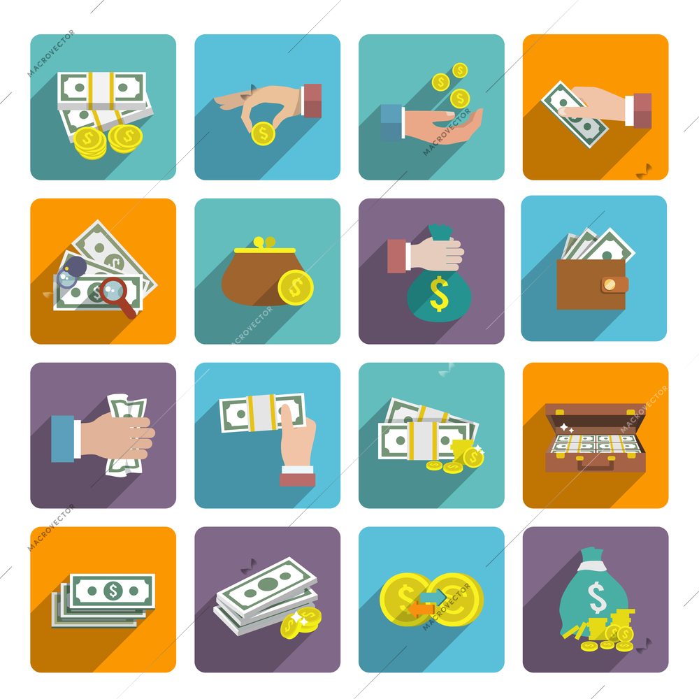 Money stack bag wallet icon flat set with investment market wealth elements isolated vector illustration