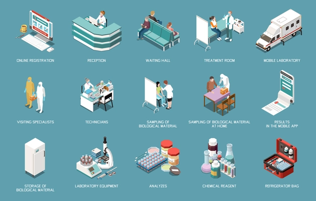 Laboratory diagnostics analysis service isometric set with isolated icons of test equipment with characters of doctors vector illustration