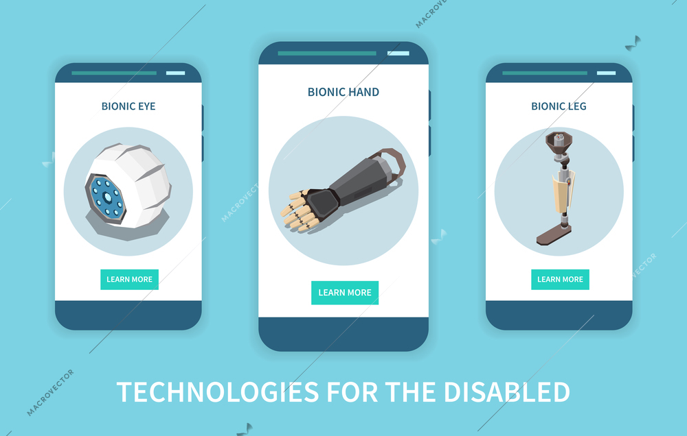 Technology for disabled people isometric set of three vertical banners with prosthetic limbs images and buttons vector illustration