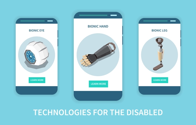 Technology for disabled people isometric set of three vertical banners with prosthetic limbs images and buttons vector illustration