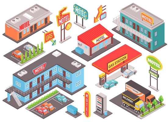Motel color isometric set with billboard car parking and gas station isolated vector illustration