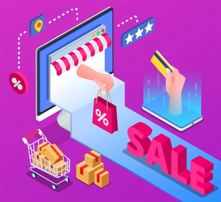 Online sale isometric colorful background with human hand holding plastic credit card bag with percent icon and cart with purchase boxes vector illustration