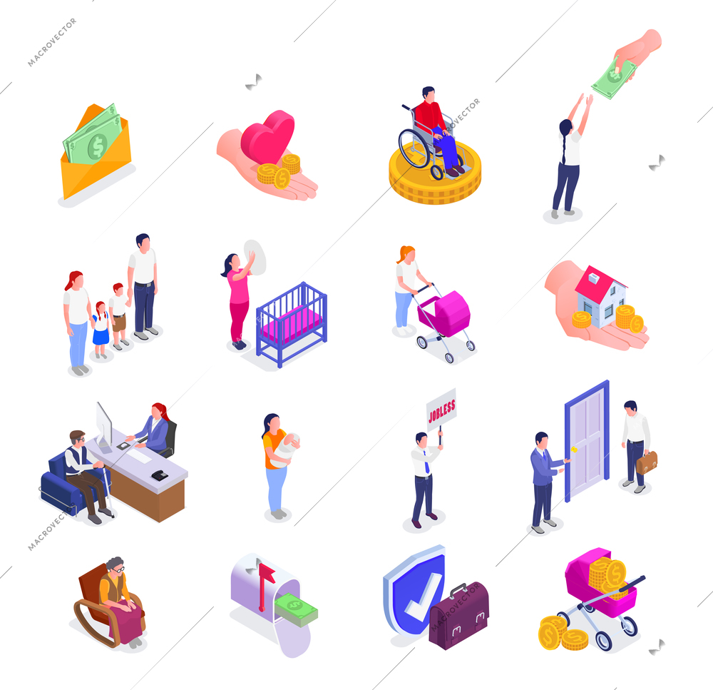 Social security unemployment family benefits isometric set of isolated money and shield icons with human characters vector illustration