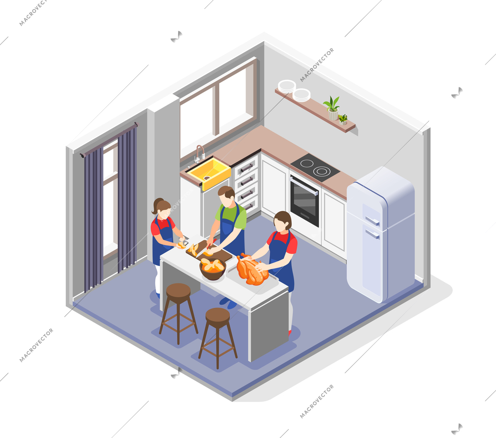 Family cooking composition with preparing meal symbols isometric vector illustration