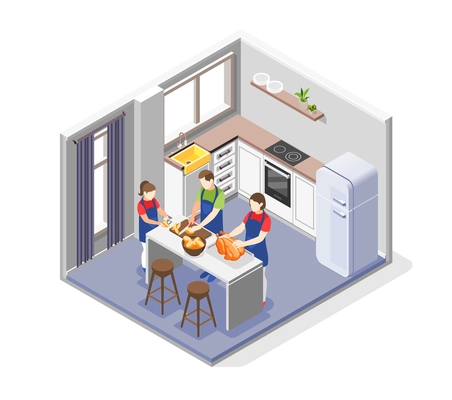 Family cooking composition with preparing meal symbols isometric vector illustration