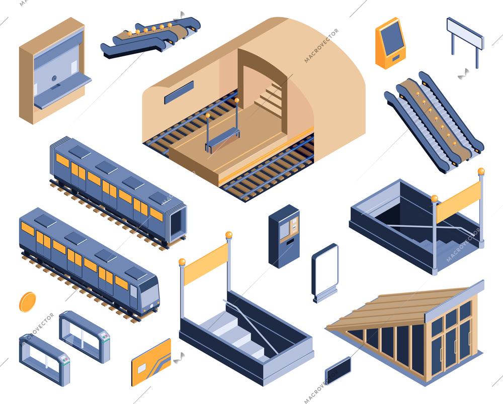 Subway metro underground railway transportation isometric set with entry exit staircases escalator ticket card coach vector illustration