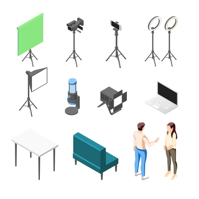 Vlogging isometric icons set with electronic devices equipment furniture for streaming videos and human characters 3d isolated vector illustration