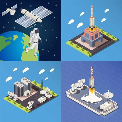 Isometric 2x2 design concept with research command center launching rocket astronaut in outer space 3d isolated vector illustration