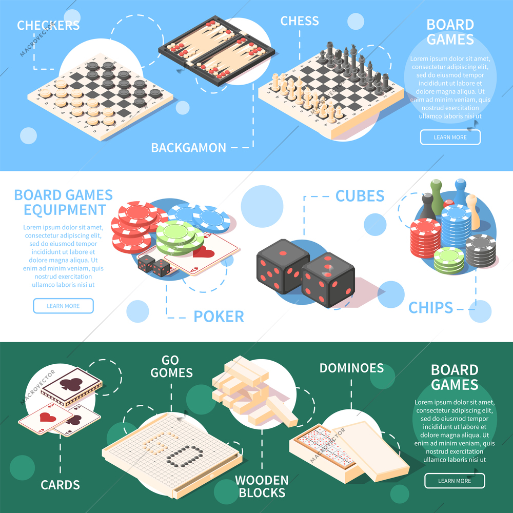 Horizontal isometric banners with different board games and equipment for playing 3d isolated vector illustration