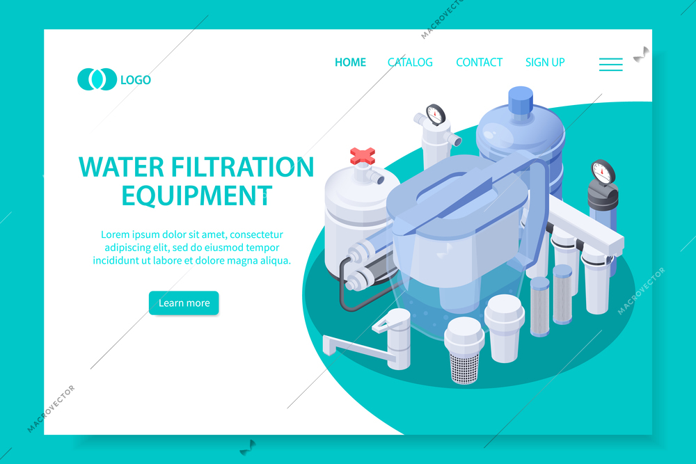 Isometric web site page with 3d icon of water filtration equipment vector illustration