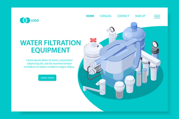 Isometric web site page with 3d icon of water filtration equipment vector illustration