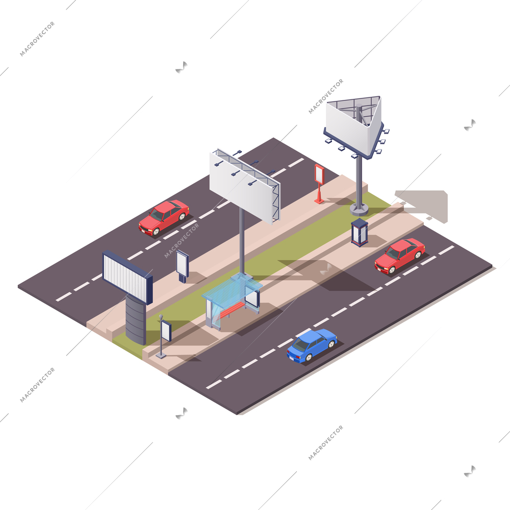 Isometric advertising constructions composition with billboard unipol video board holder along city road 3d vector illustration