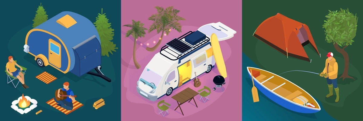 Isometric trailer park design concept set with fishing rest next to a campfire and campervan in the forest vector illustration