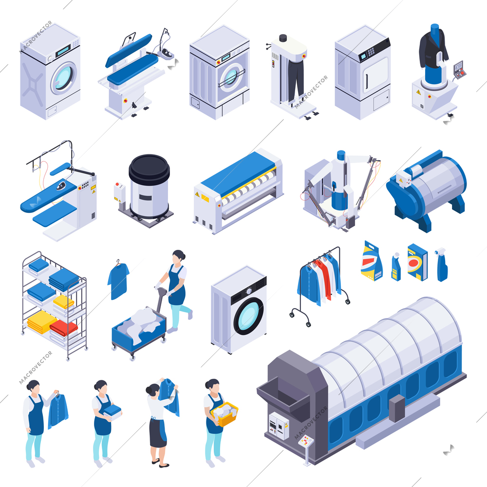 Laundry washing set of isometric icons with isolated human characters washing machines detergents and skirt boards vector illustration