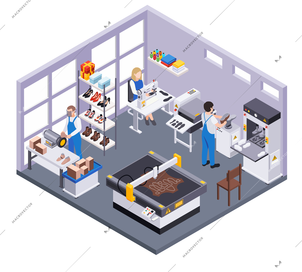 Footwear shoes production isometric composition with indoor view of room with designers and factory workers characters vector illustration